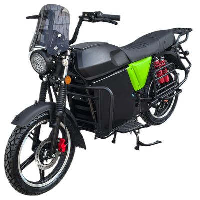 Motocicleta eléctrica Iron Ox, con autonomía extremadamente larga, potente capacidad de ascenso, capaz de transportar tanto pasajeros como carga, con una velocidad máxima de 90 km/h y una autonomía máxima de 200 km.